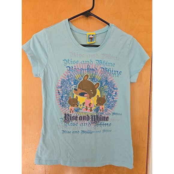 JUST JIMMY Jim Benton Shirt Size Jrs MED Y2K " Rise & Whine" Blue Color - Picture 1 of 6